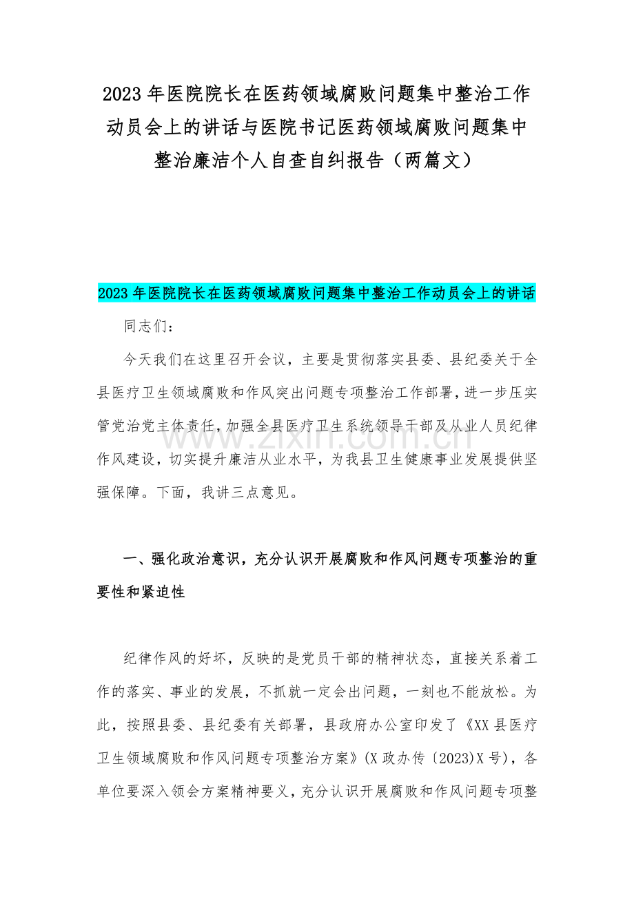 2023年医院院长在医药领域腐败问题集中整治工作动员会上的讲话与医院书记医药领域腐败问题集中整治廉洁个人自查自纠报告（两篇文）.docx_第1页