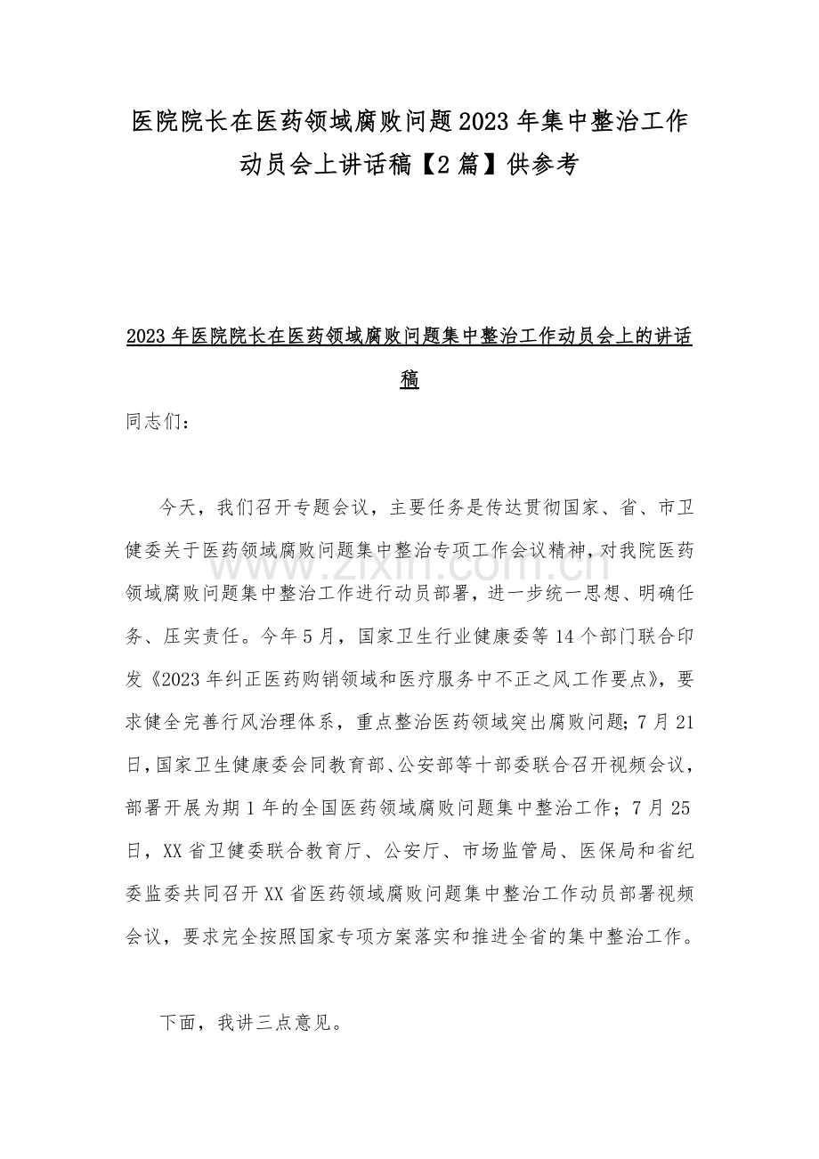 医院院长在医药领域腐败问题2023年集中整治工作动员会上讲话稿【2篇】供参考.docx_第1页