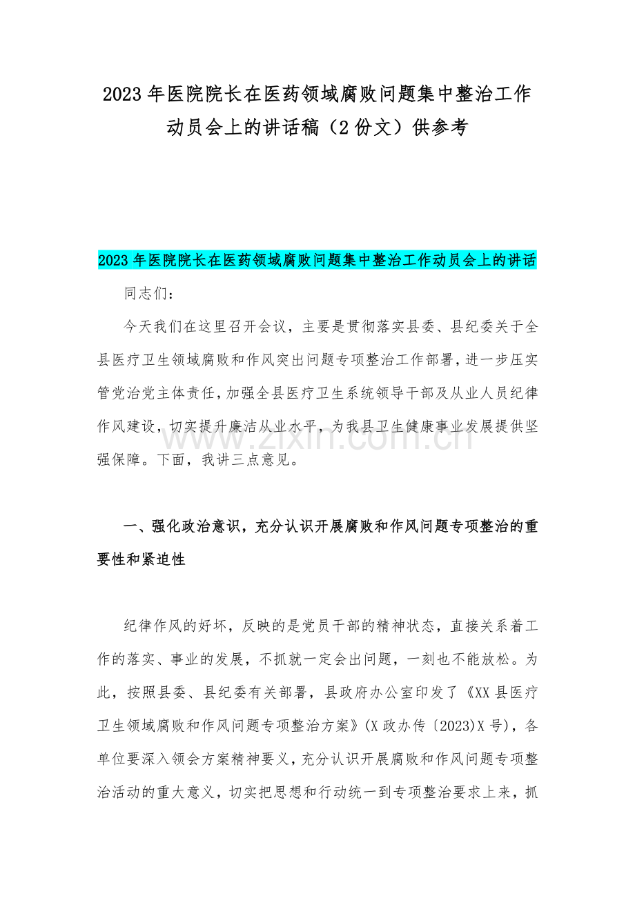 2023年医院院长在医药领域腐败问题集中整治工作动员会上的讲话稿（2份文）供参考.docx_第1页