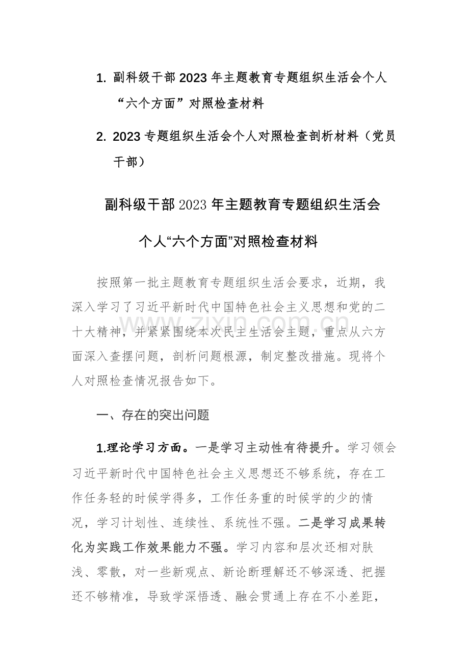 2篇：副科级干部2023年主题教育专题组织生活会个人“六个方面”对照检查材料范文.docx_第1页