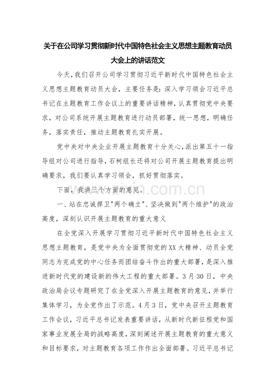 关于在公司学习贯彻新时代中国特色社会主义思想主题教育动员大会上的讲话范文.docx_第1页