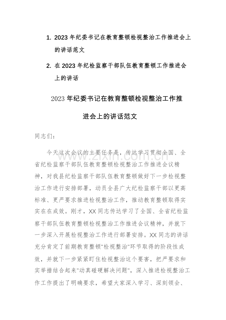 两篇：2023年纪委书记在教育整顿检视整治工作推进会上的讲话范文.docx_第1页
