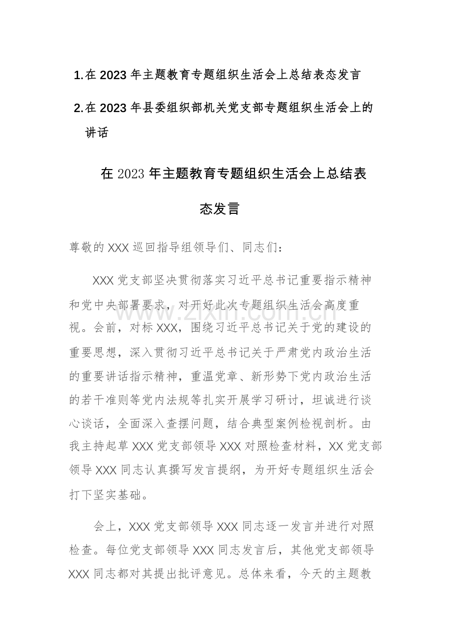 2023年主题教育专题组织生活会上总结表态发言参考范文.docx_第1页