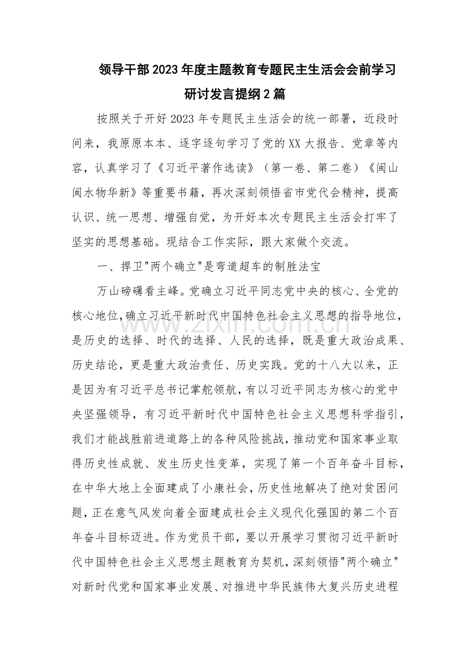 领导干部2023年度主题教育专题民主生活会会前学习研讨发言提纲2篇.docx_第1页