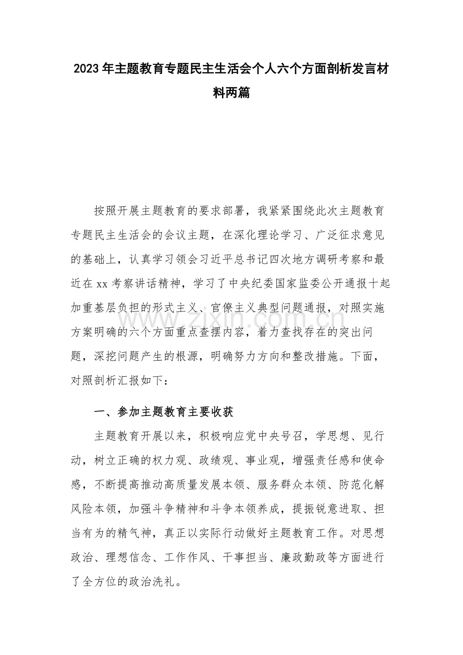 2023年主题教育专题民主生活会个人六个方面剖析发言材料两篇.docx_第1页