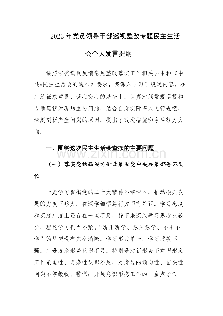 2023年党员领导干部巡视整改专题民主生活会个人发言提纲范文.docx_第1页