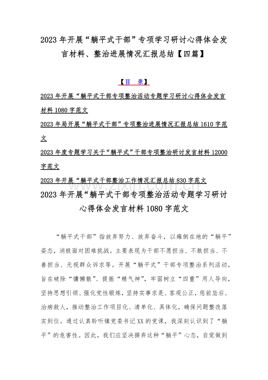 2023年开展“躺平式干部”专项学习研讨心得体会发言材料、整治进展情况汇报总结【四篇】.docx_第1页