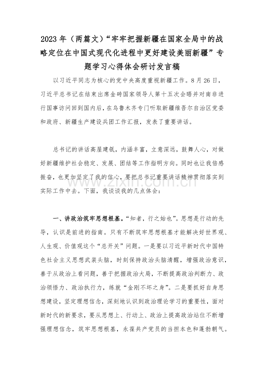 2023年（两篇文）“牢牢把握新疆在国家全局中的战略定位在中国式现代化进程中更好建设美丽新疆”专题学习心得体会研讨发言稿.docx_第1页