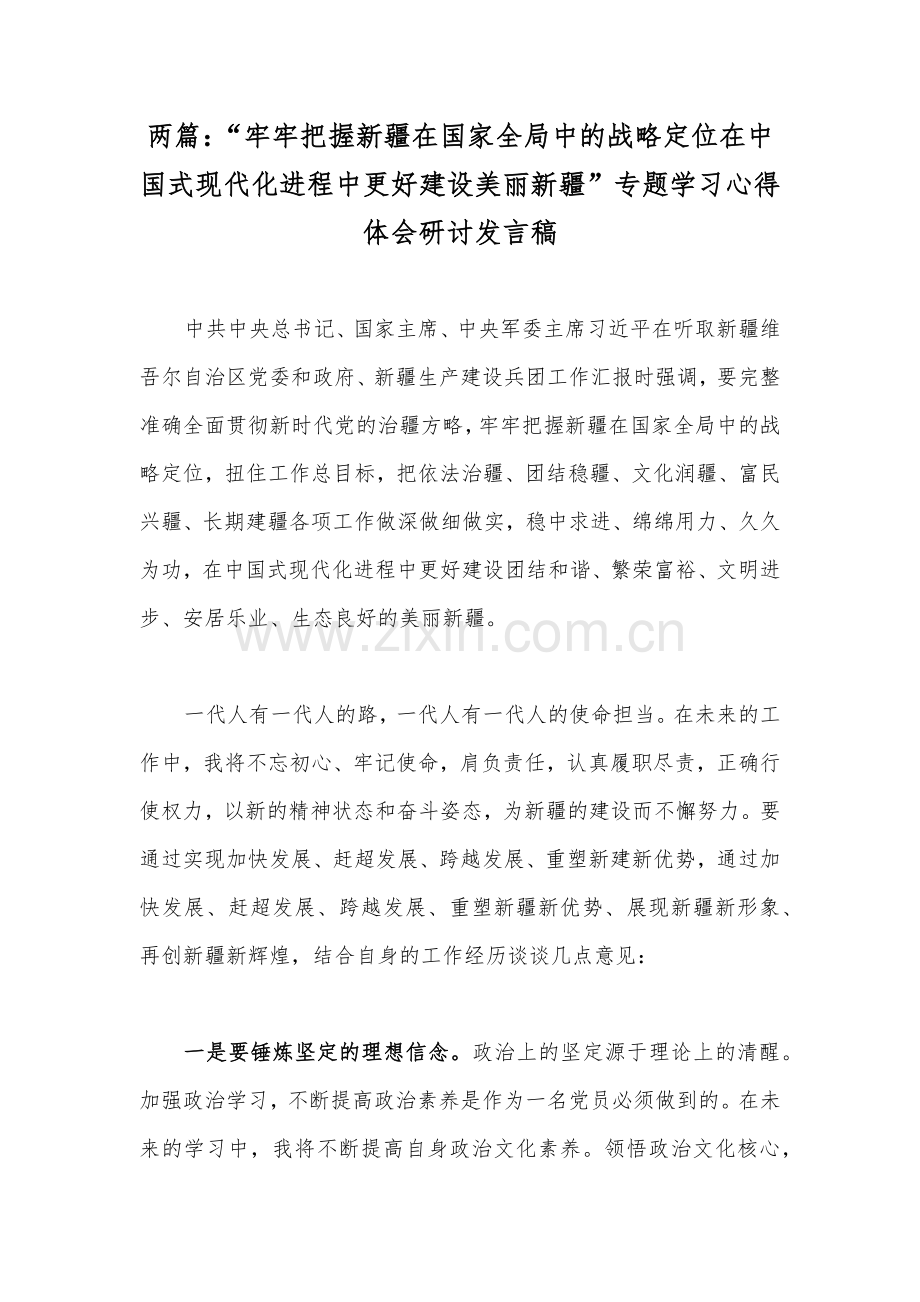 两篇：“牢牢把握新疆在国家全局中的战略定位在中国式现代化进程中更好建设美丽新疆”专题学习心得体会研讨发言稿.docx_第1页