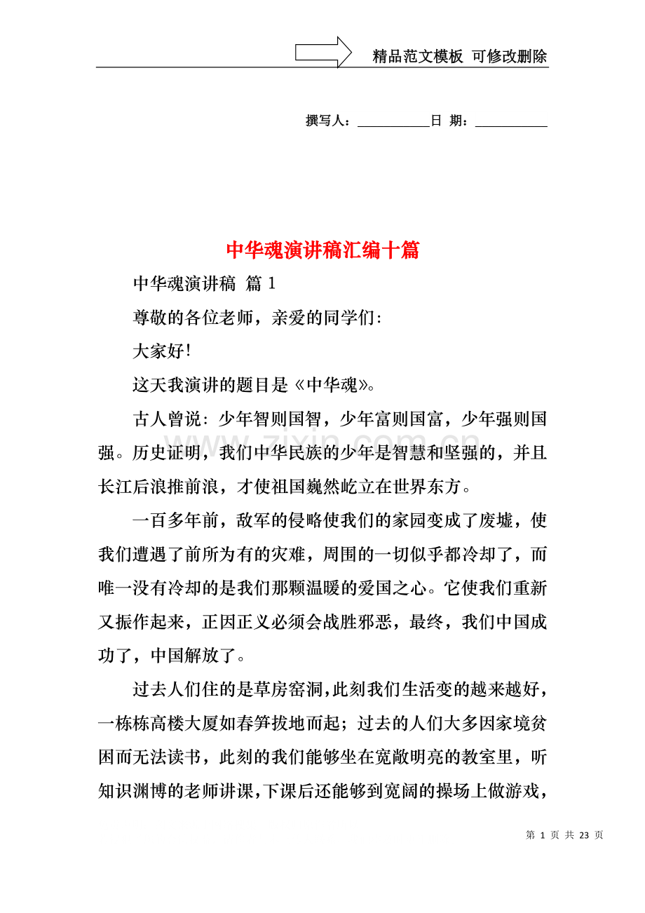 中华魂演讲稿汇编十篇1.docx_第1页