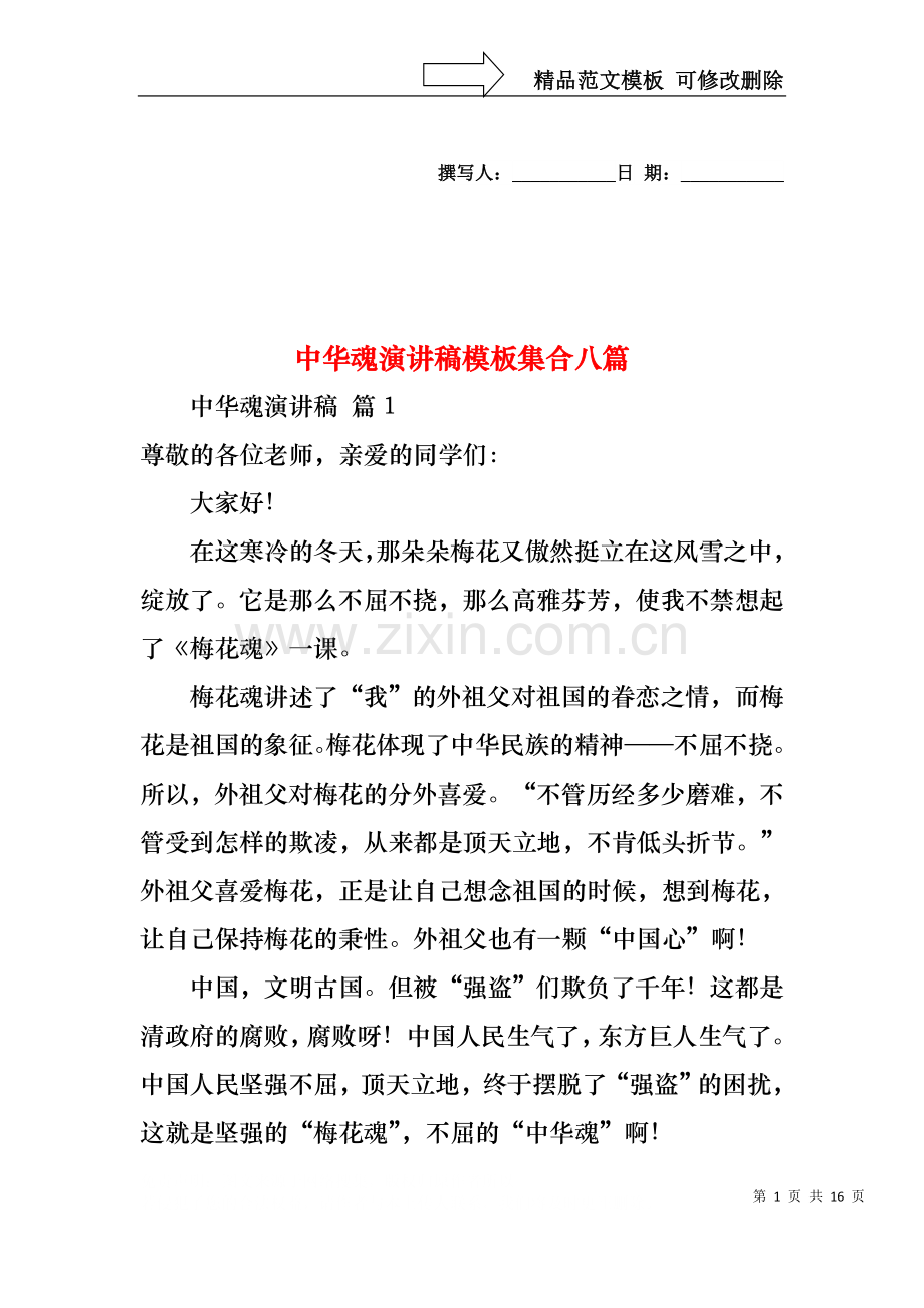 中华魂演讲稿模板集合八篇1.docx_第1页
