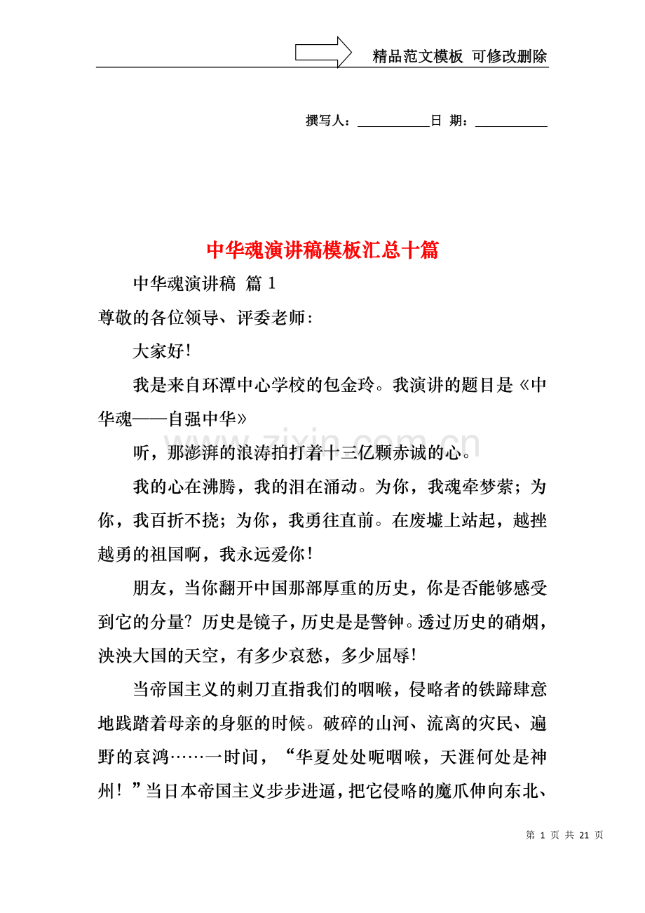 中华魂演讲稿模板汇总十篇1.docx_第1页