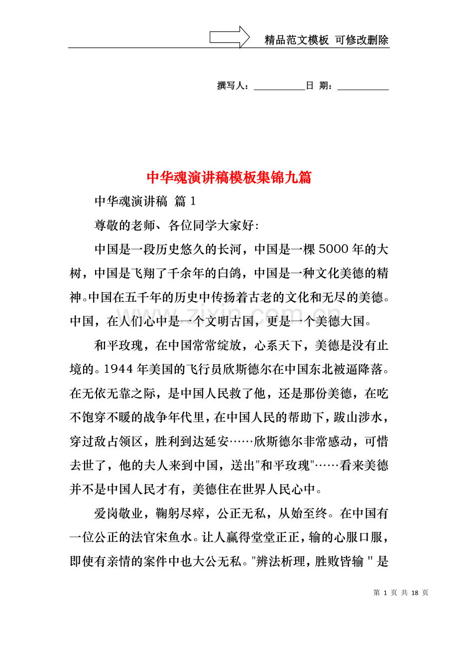 中华魂演讲稿模板集锦九篇.docx_第1页