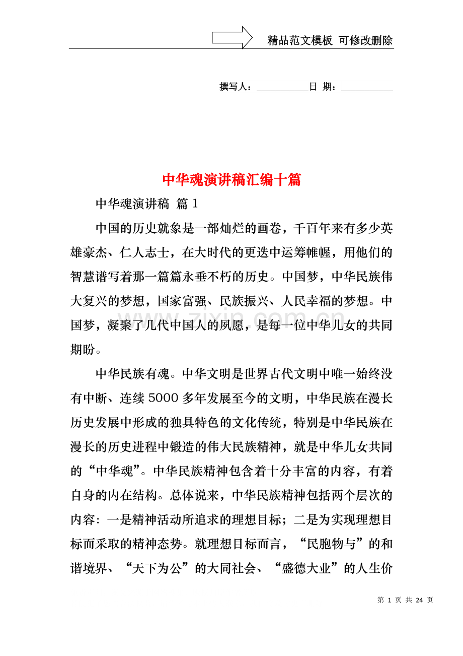 中华魂演讲稿汇编十篇.docx_第1页
