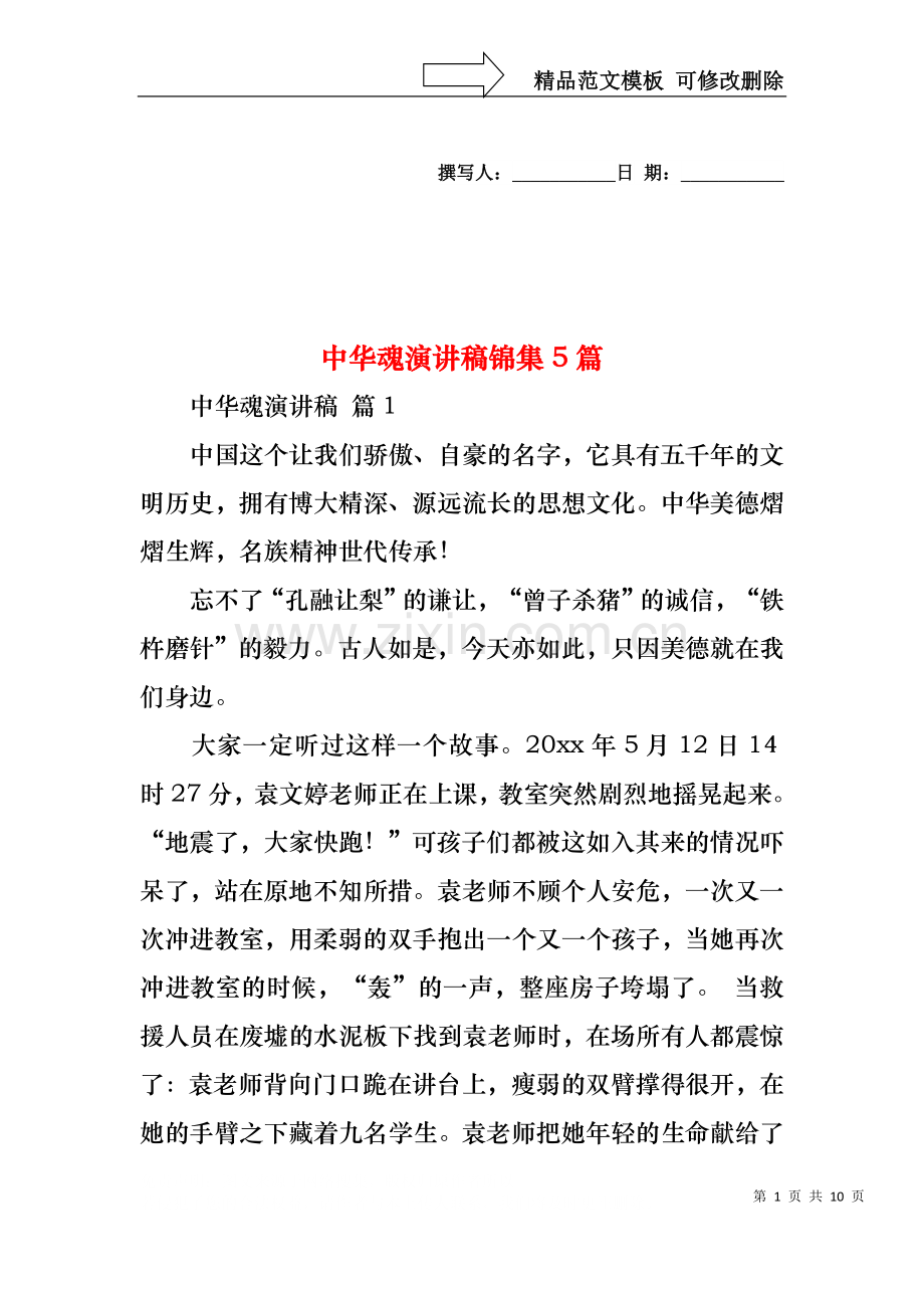 中华魂演讲稿锦集5篇.docx_第1页