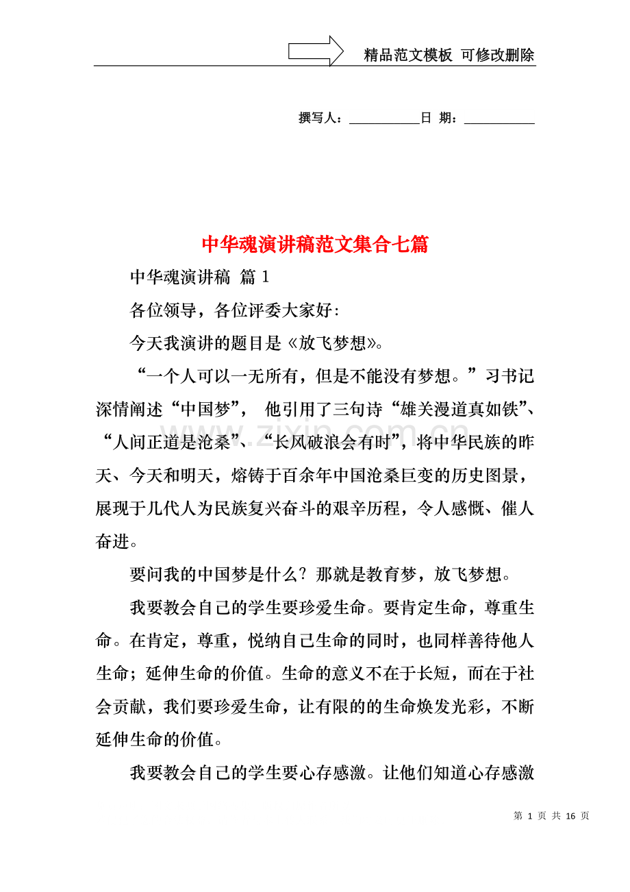 中华魂演讲稿范文集合七篇1.docx_第1页