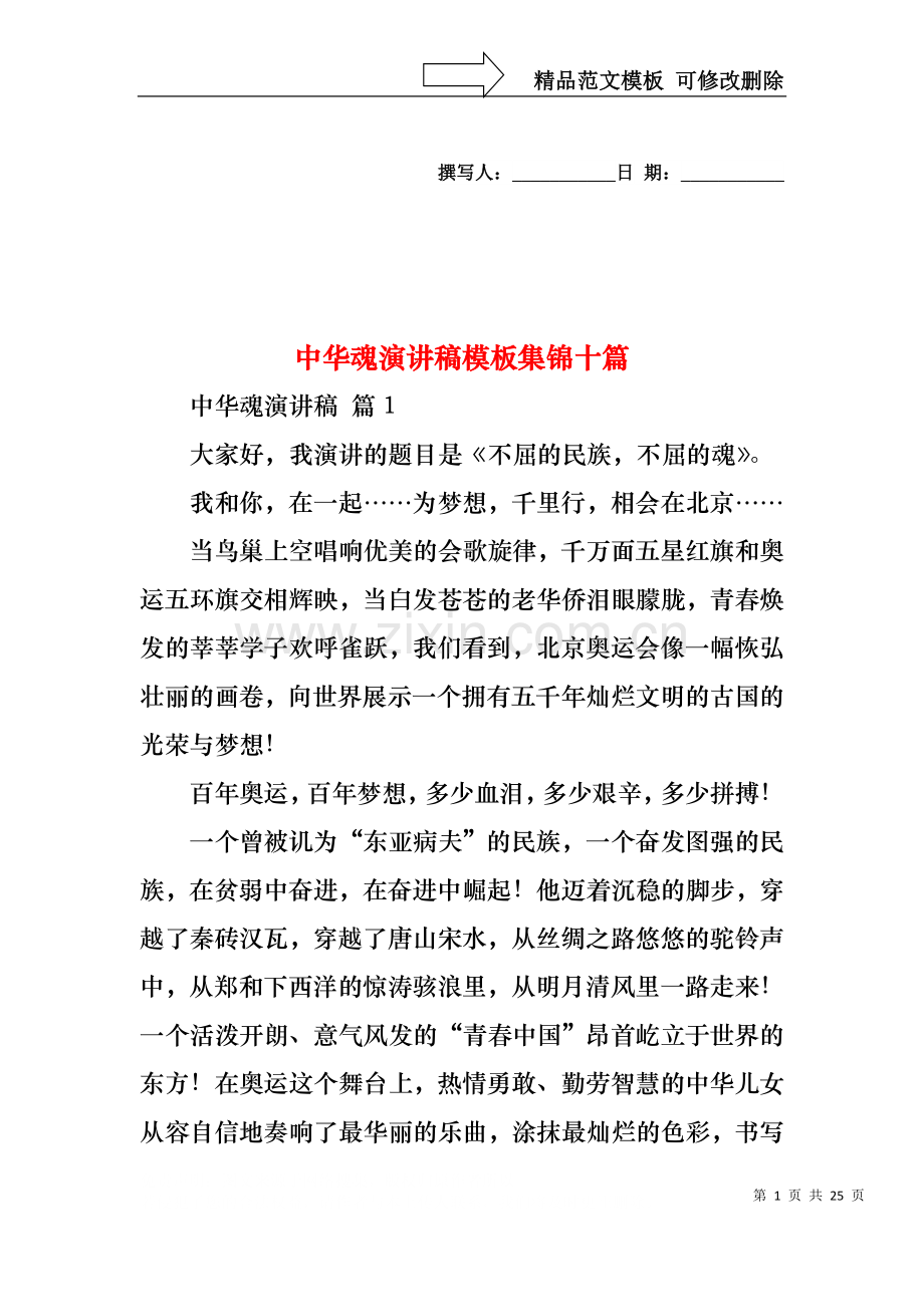 中华魂演讲稿模板集锦十篇.docx_第1页