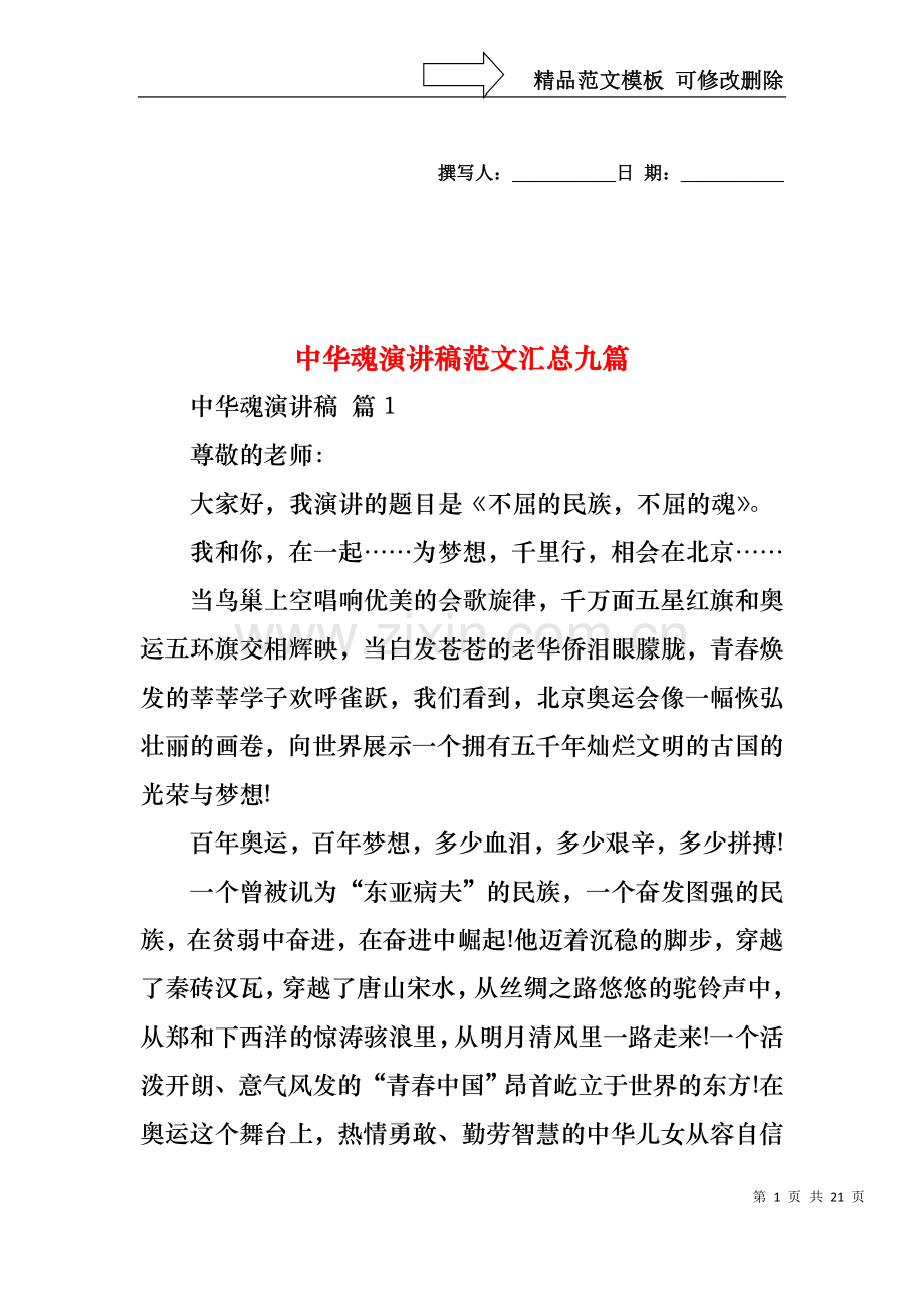 中华魂演讲稿范文汇总九篇1.docx_第1页