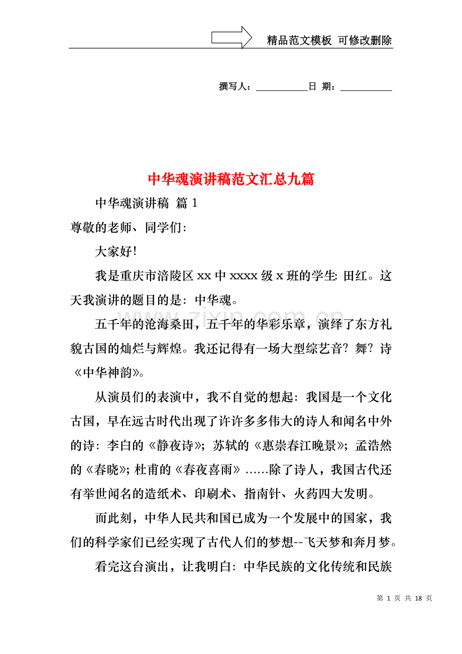 中华魂演讲稿范文汇总九篇.docx_第1页