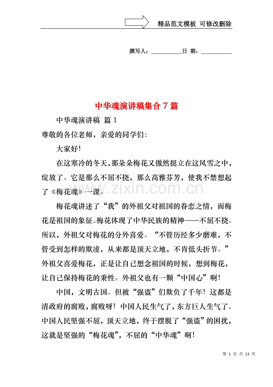 中华魂演讲稿集合7篇.docx_第1页