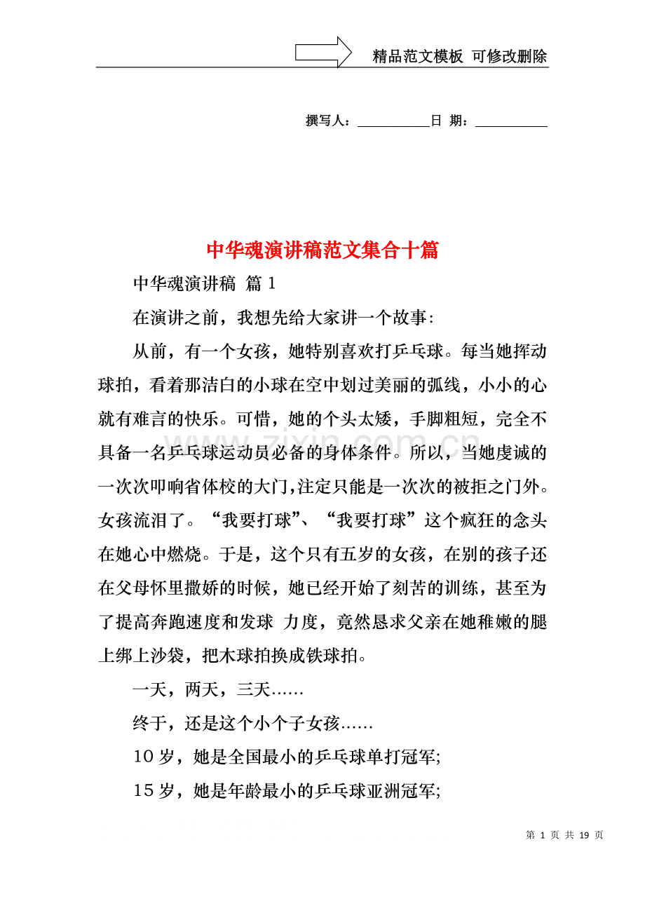 中华魂演讲稿范文集合十篇.docx_第1页