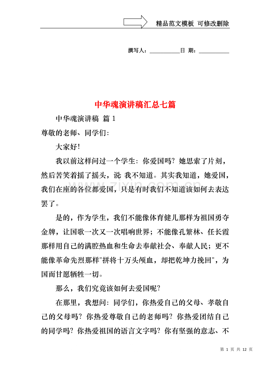 中华魂演讲稿汇总七篇.docx_第1页