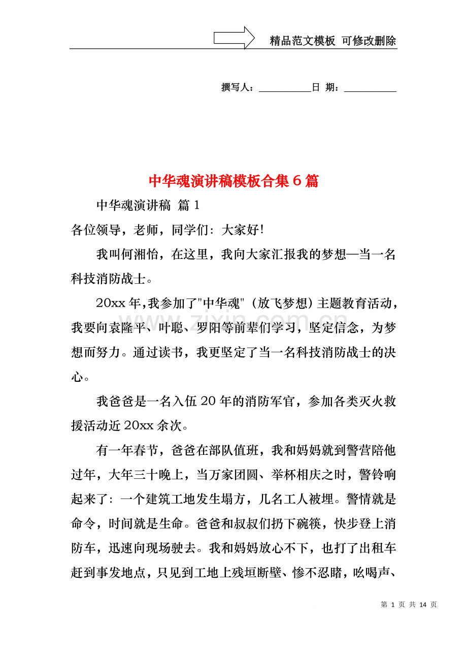 中华魂演讲稿模板合集6篇1.docx_第1页