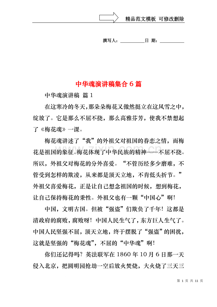 中华魂演讲稿集合6篇1.docx_第1页