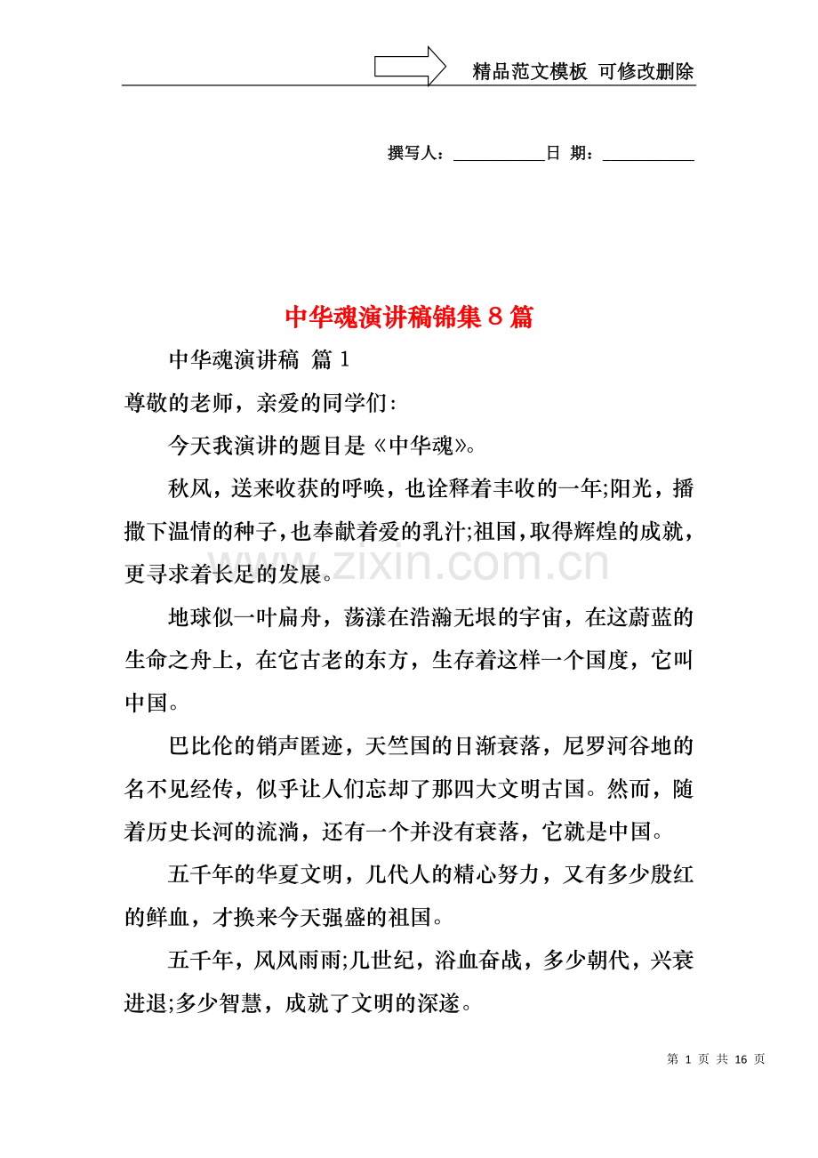 中华魂演讲稿锦集8篇1.docx_第1页