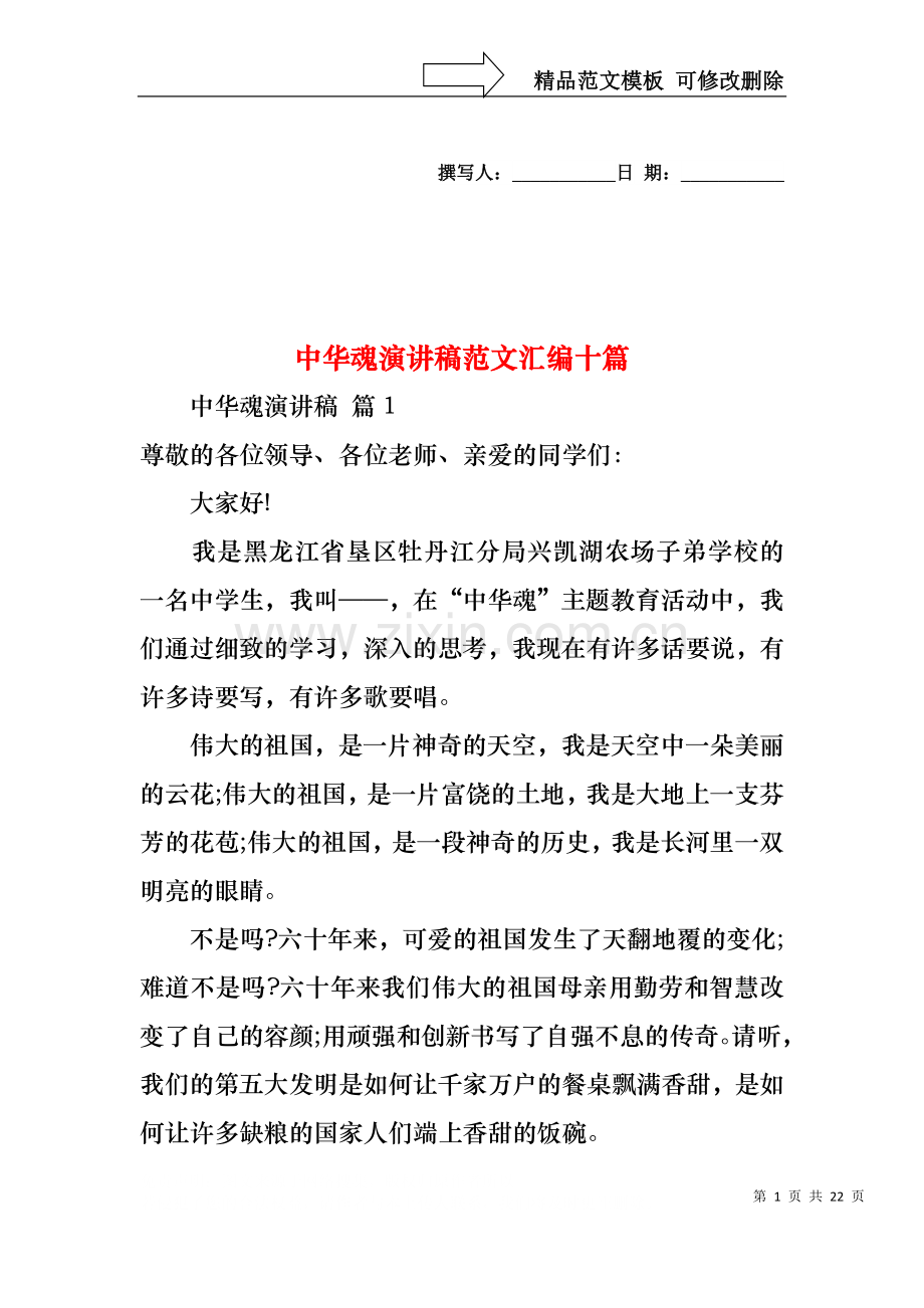 中华魂演讲稿范文汇编十篇.docx_第1页