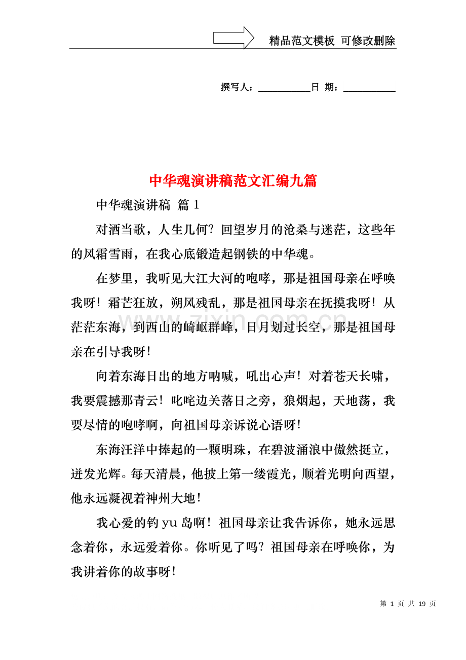 中华魂演讲稿范文汇编九篇2.docx_第1页