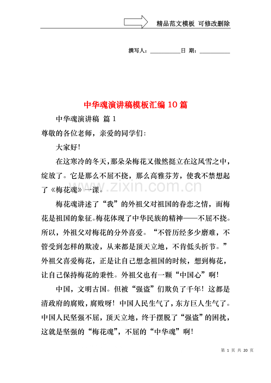 中华魂演讲稿模板汇编10篇2.docx_第1页