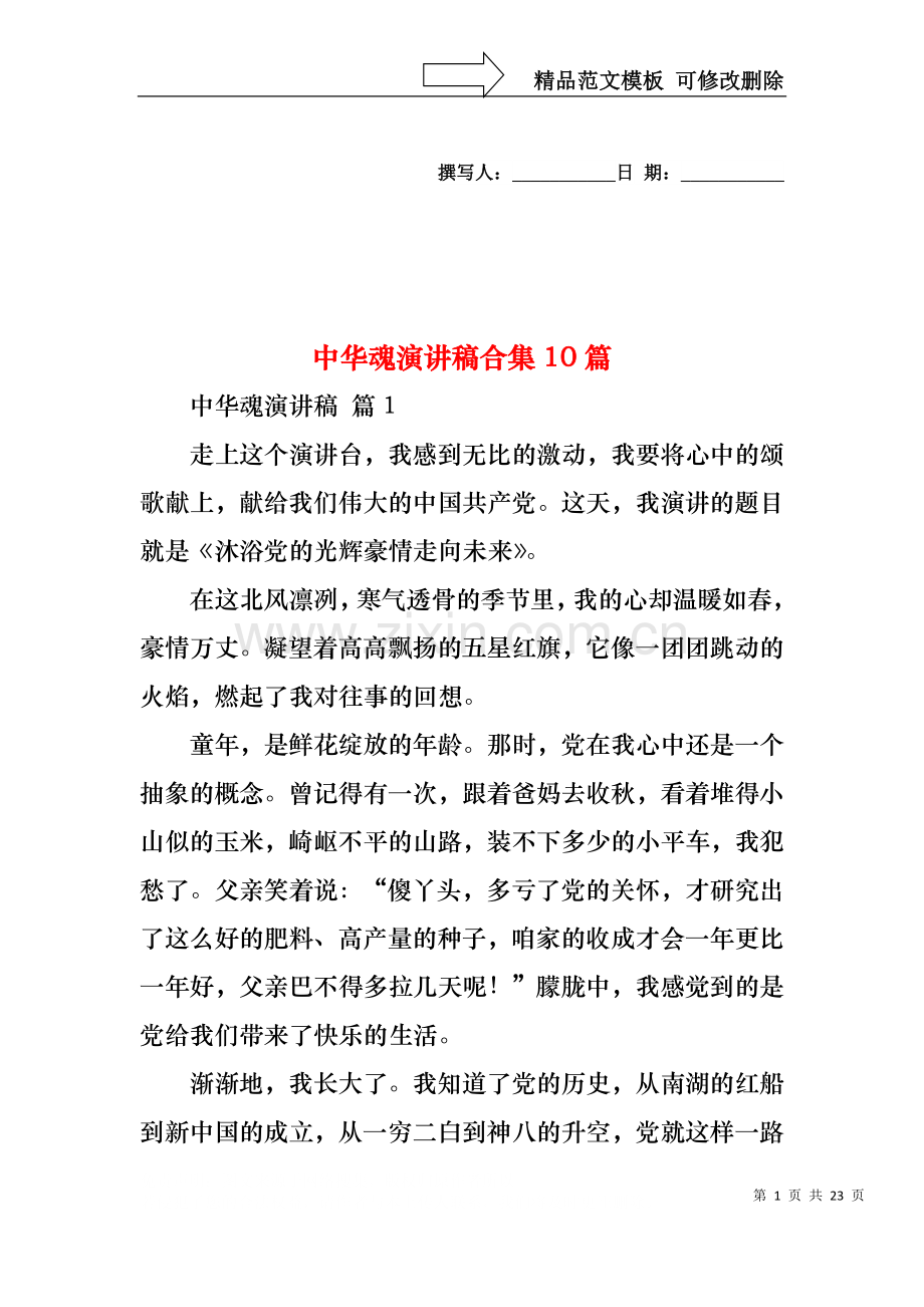 中华魂演讲稿合集10篇.docx_第1页