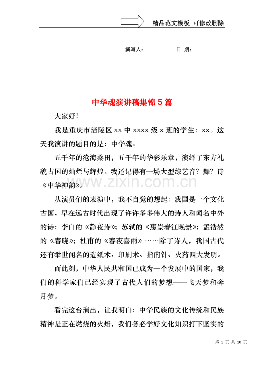 中华魂演讲稿集锦5篇1.docx_第1页