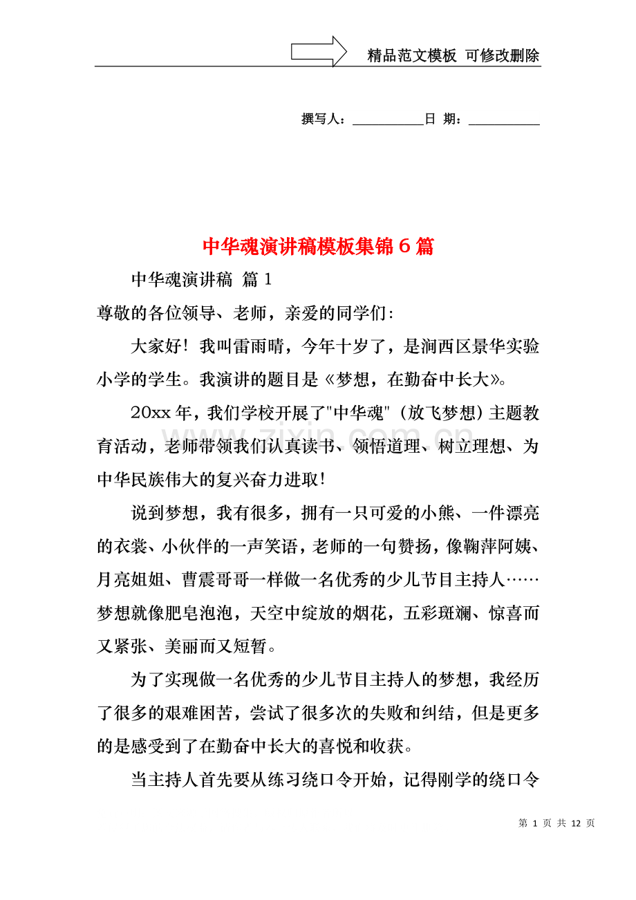 中华魂演讲稿模板集锦6篇1.docx_第1页