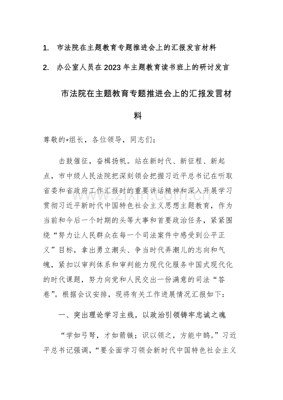 法院在主题教育专题推进会上的汇报发言材料范文.docx_第1页