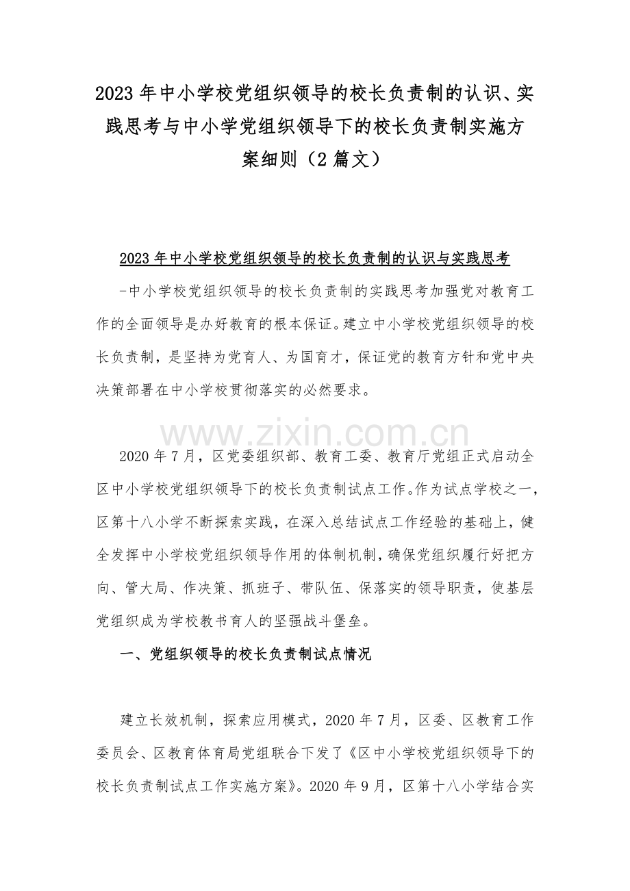 2023年中小学校党组织领导的校长负责制的认识、实践思考与中小学党组织领导下的校长负责制实施方案细则（2篇文）.docx_第1页