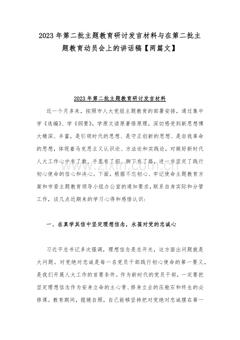2023年第二批主题教育研讨发言材料与在第二批主题教育动员会上的讲话稿【两篇文】.docx_第1页