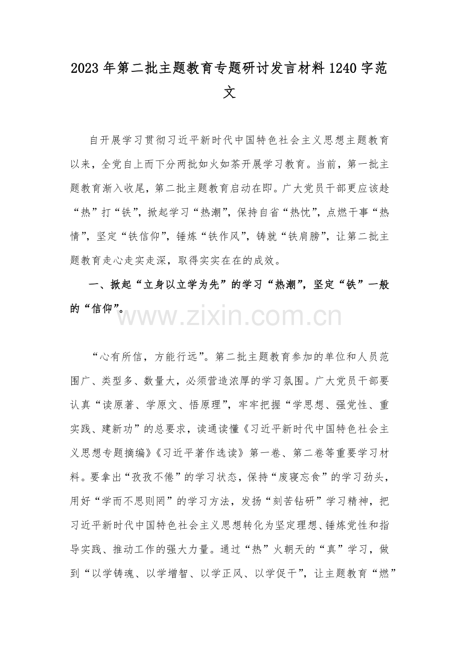 2023年第二批主题教育专题研讨发言材料1240字范文.docx_第1页