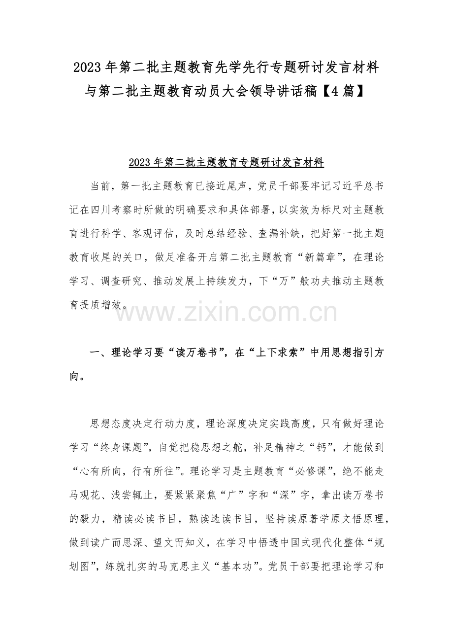 2023年第二批主题教育先学先行专题研讨发言材料与第二批主题教育动员大会领导讲话稿【4篇】.docx_第1页
