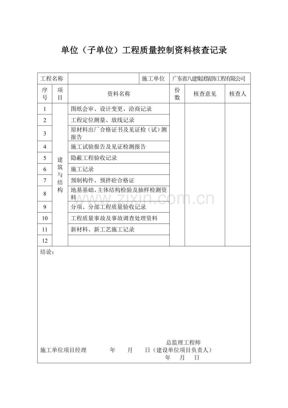 单位（子单位）工程质量控制资料核查记录.doc_第1页