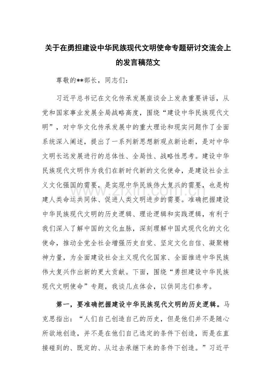 关于在勇担建设中华民族现代文明使命专题研讨交流会上的发言稿范文.docx_第1页