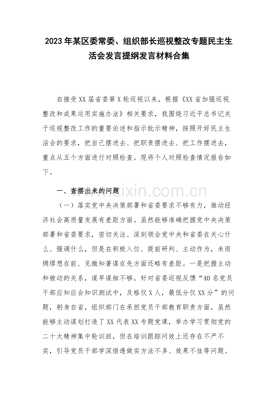 2023年某区委常委、组织部长巡视整改专题民主生活会发言提纲发言材料合集.docx_第1页