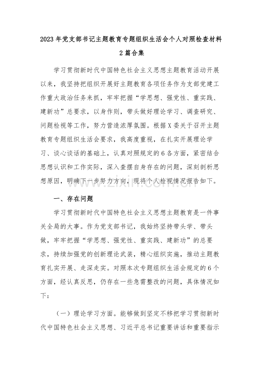 2023年党支部书记主题教育专题组织生活会个人对照检查材料2篇合集.docx_第1页