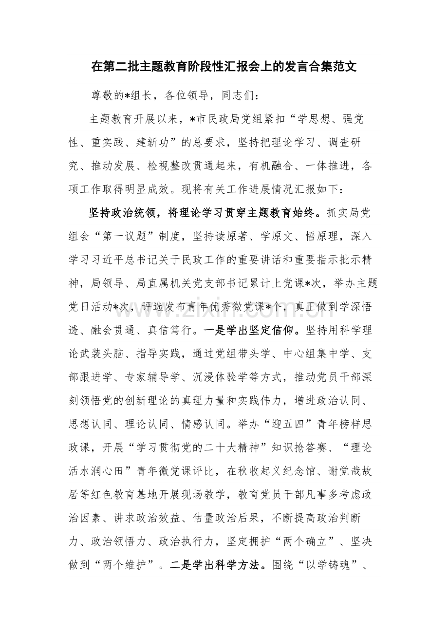 在第二批主题教育阶段性汇报会上的发言合集范文.docx_第1页