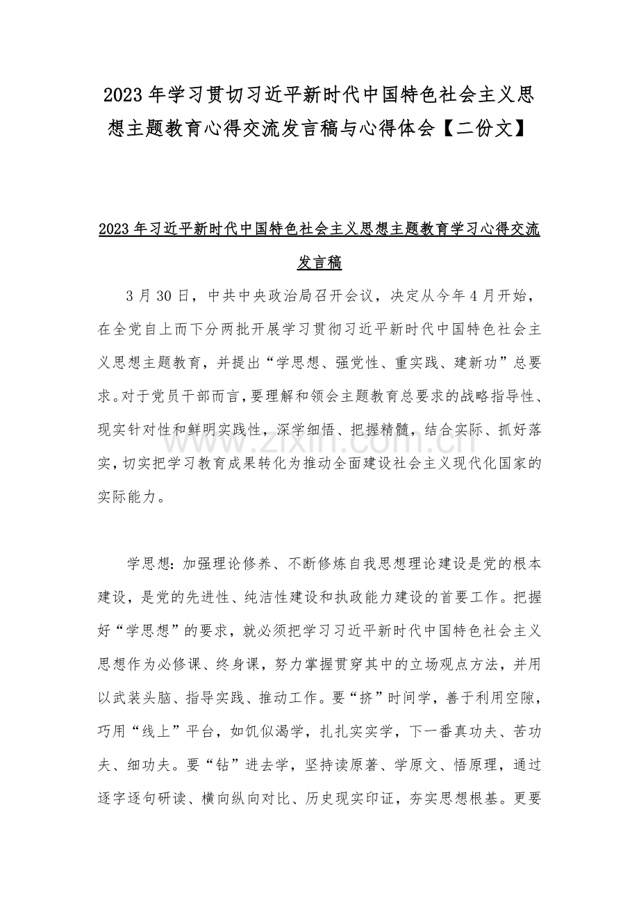2023年学习贯切习近平新时代中国特色社会主义思想主题教育心得交流发言稿与心得体会【二份文】.docx_第1页