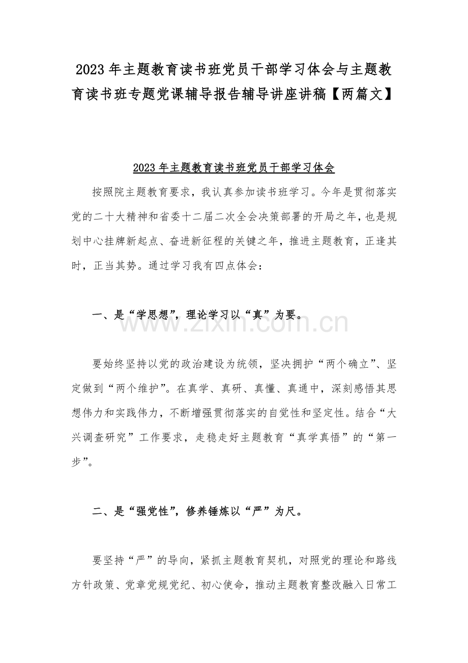 2023年主题教育读书班党员干部学习体会与主题教育读书班专题党课辅导报告辅导讲座讲稿【两篇文】.docx_第1页