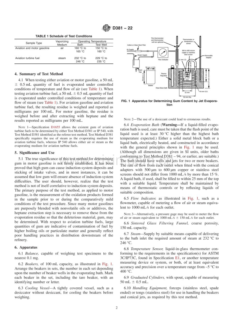 ASTM D381–22 采用喷射蒸发法测定燃料中胶质含量的标准试验方法.docx_第2页