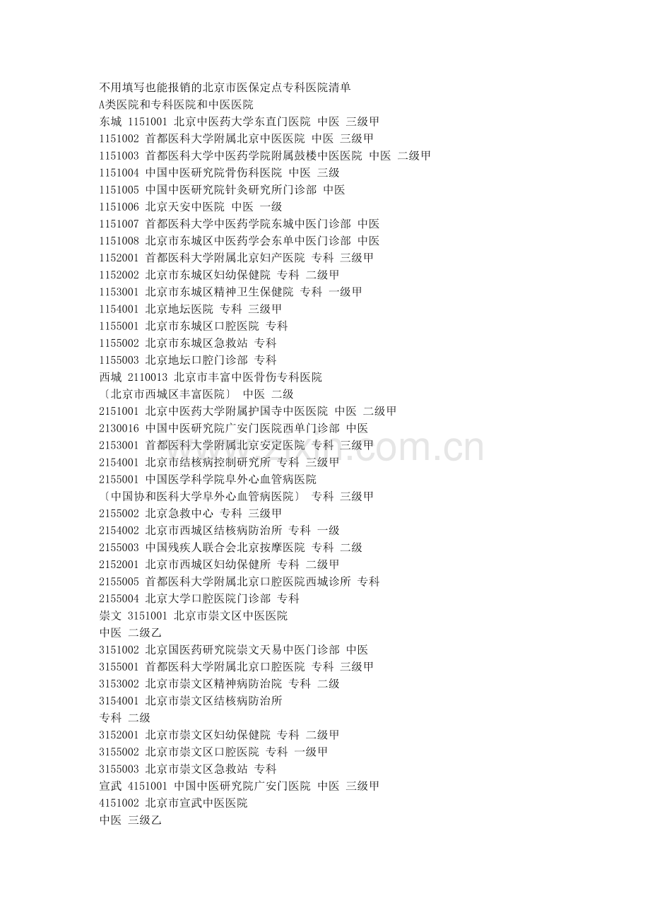 不用填写也能报销的北京市医保定点专科医院清单.docx_第1页
