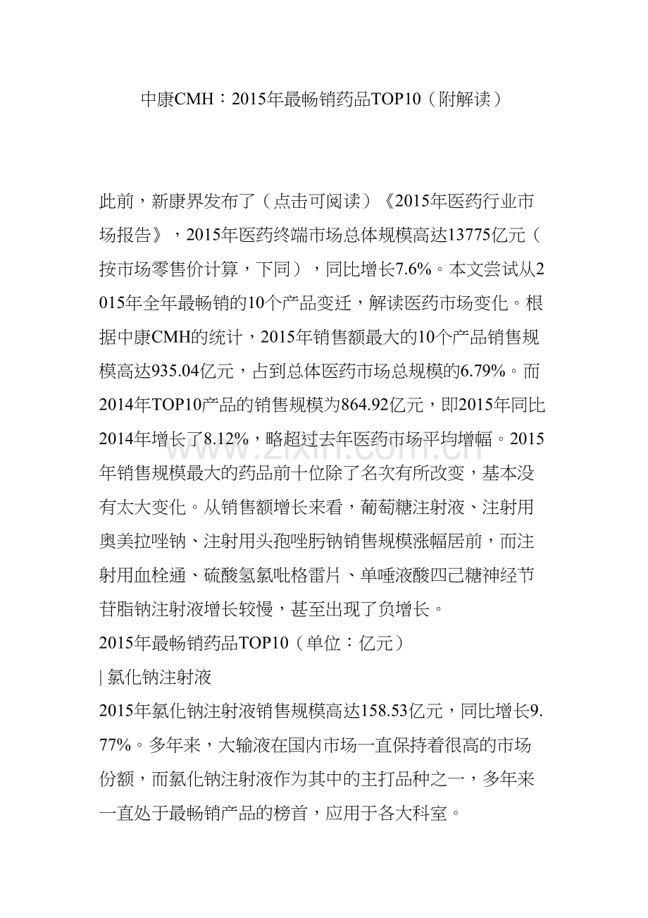 中康CMH：2015年最畅销药品TOP10(附解读).docx_第1页